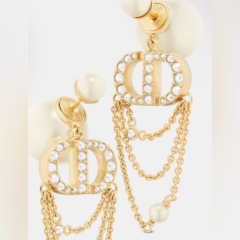 DIOR TRIBALES Earrings Gold-Finish Metal White Resin Pearls Silver-Tone Crystals - Picture 3 of 14